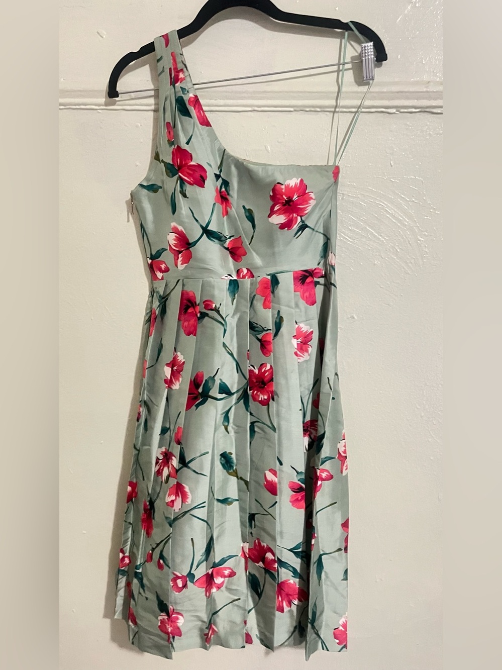 Express Silk One-Shoulder Floral Dress in Mint Green and Pink